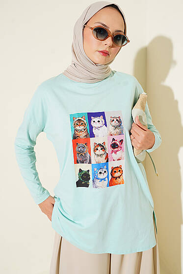 Kedi Baskılı Tunik Su Yeşili - Tunik