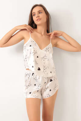 Kedi Desen Askılı Saten Pijama Takımı Beyaz