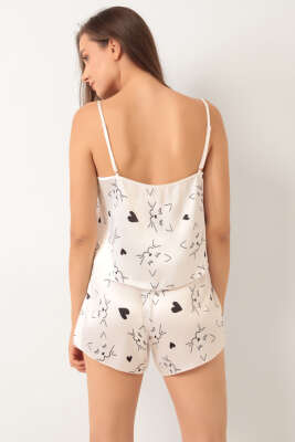 Kedi Desen Askılı Saten Pijama Takımı Beyaz - Kadın Pijama Takımı