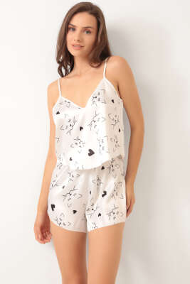 Kedi Desen Askılı Saten Pijama Takımı Beyaz - Kadın Pijama Takımı