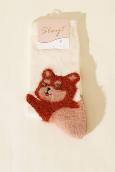 Kedi Figürlü Sakallı Soket Çorap Ekru - Soket Çorap