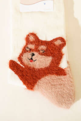 Kedi Figürlü Sakallı Soket Çorap Ekru - Soket Çorap