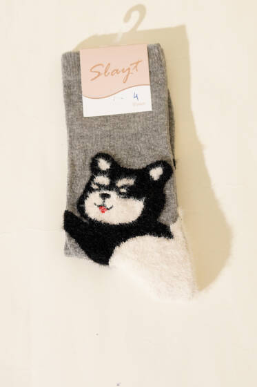Kedi Figürlü Sakallı Soket Çorap Gri - Soket Çorap