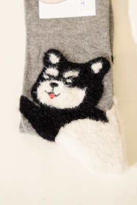 Kedi Figürlü Sakallı Soket Çorap Gri - Soket Çorap
