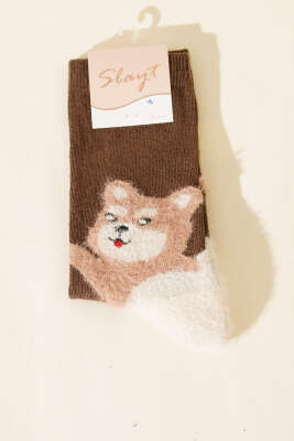 Kedi Figürlü Sakallı Soket Çorap Kahve 
