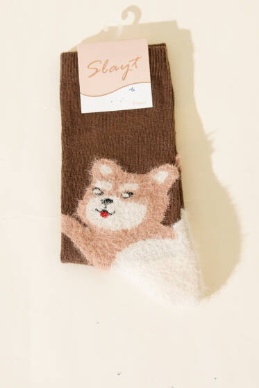 Kedi Figürlü Sakallı Soket Çorap Kahve - Soket Çorap