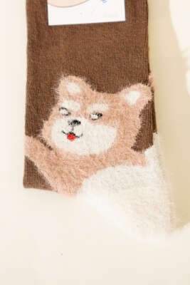 Kedi Figürlü Sakallı Soket Çorap Kahve - Soket Çorap