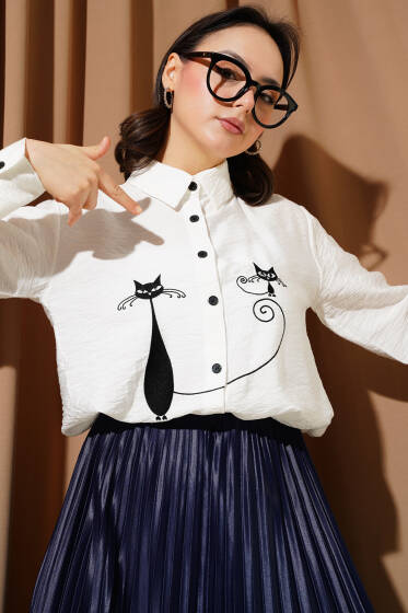 Kedi Nakışlı Gömlek Beyaz - Gömlek