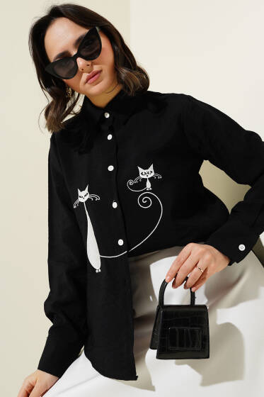 Kedi Nakışlı Gömlek Siyah - Gömlek