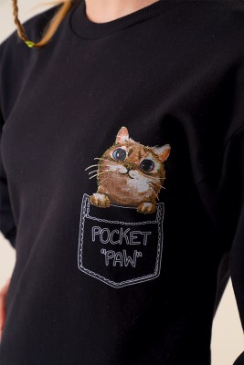 Kedicik Baskılı Siyah Sweatshirt - Thumbnail