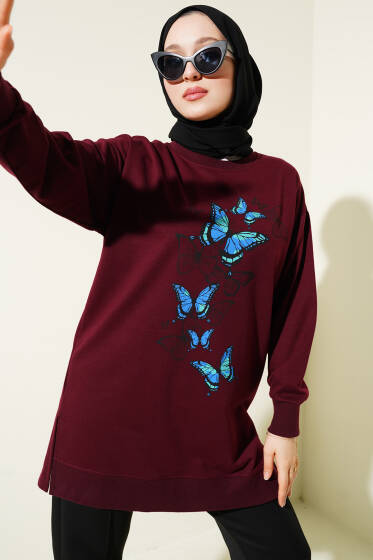 Kelebek Baskılı İki İplik Tunik Bordo - 100-300 TL Ürünler