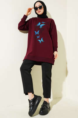 Kelebek Baskılı İki İplik Tunik Bordo - Tunik