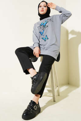 Kelebek Baskılı İki İplik Tunik Kayrak Grisi - Tunik