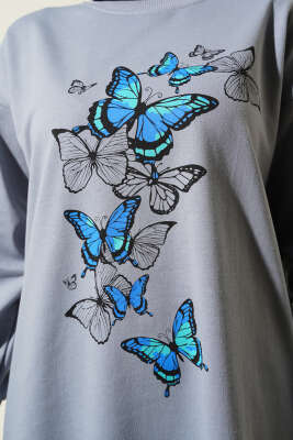 Kelebek Baskılı İki İplik Tunik Kayrak Grisi - Tunik