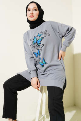 Kelebek Baskılı İki İplik Tunik Kayrak Grisi - ELFİDA TEKSTİL
