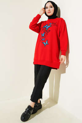 Kelebek Baskılı İki İplik Tunik Kırmızı - Tunik