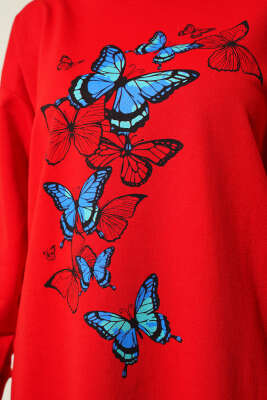 Kelebek Baskılı İki İplik Tunik Kırmızı - Tunik