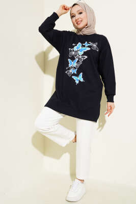 Kelebek Baskılı İki İplik Tunik Lacivert - Tunik
