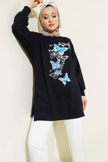 Kelebek Baskılı İki İplik Tunik Lacivert - Tunik