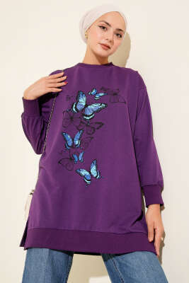 Kelebek Baskılı İki İplik Tunik Mor 