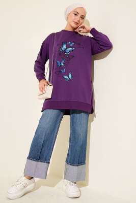 Kelebek Baskılı İki İplik Tunik Mor - Yılın Fırsatı