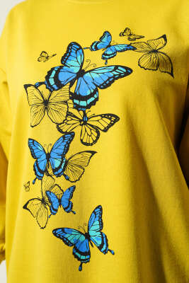 Kelebek Baskılı İki İplik Tunik Yağ Yeşili - Tunik