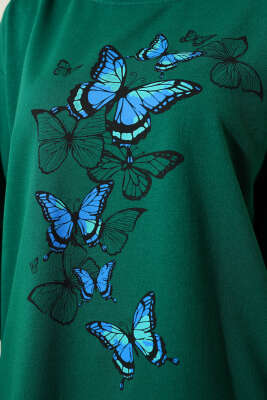 Kelebek Baskılı İki İplik Tunik Yeşil - Tunik