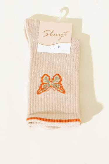 Kelebek Detaylı Kadın Soket Çorap Bej - Soket Çorap