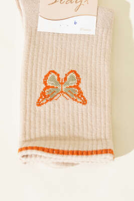 Kelebek Detaylı Kadın Soket Çorap Bej - Soket Çorap