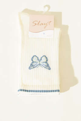 Kelebek Detaylı Kadın Soket Çorap Ekru - SLAYT