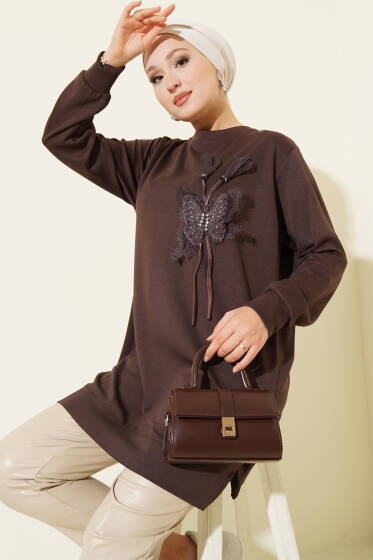 Kelebek Detaylı Loyşa Tunik Acı Kahve - Tunik
