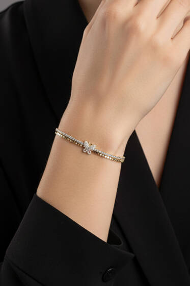 Kelebek Figürlü Taşlı Bileklik Gold - Bileklik