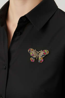 Kelebek Figürlü Taşlı Broş Gold 