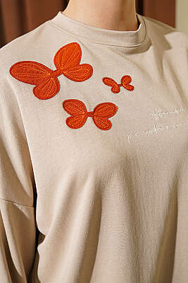 Kelebek İşlemeli İkili Takım Bej - İkili Takım