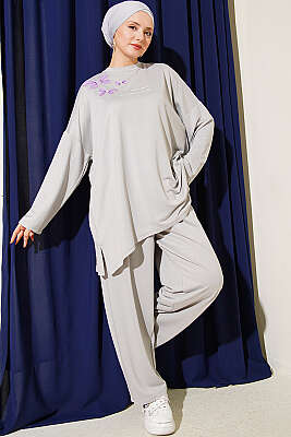 Kelebek İşlemeli İkili Takım Gri 