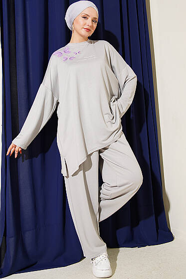 Kelebek İşlemeli İkili Takım Gri - İkili Takım