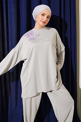 Kelebek İşlemeli İkili Takım Gri - İkili Takım