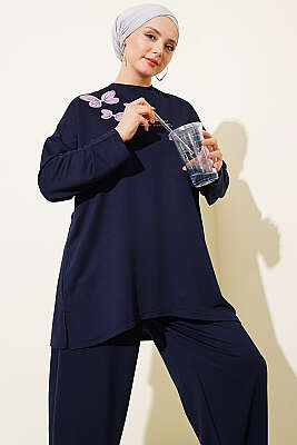 Kelebek İşlemeli İkili Takım Lacivert - İkili Takım