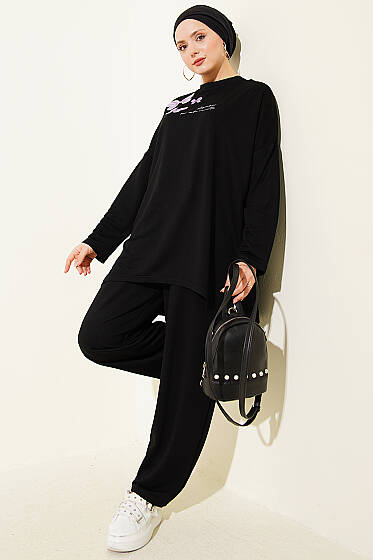 Kelebek İşlemeli İkili Takım Siyah - İkili Takım