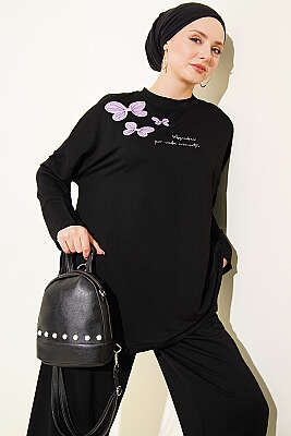 Kelebek İşlemeli İkili Takım Siyah - İkili Takım