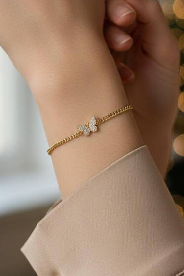 Kelebek Mini Taşlı Bileklik Gold - Bileklik