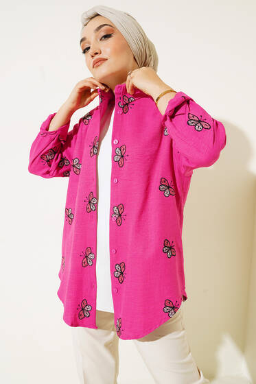 Kelebek Nakışlı Gömlek Fusya - Gömlek