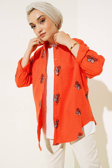 Kelebek Nakışlı Gömlek Oranj - Gömlek