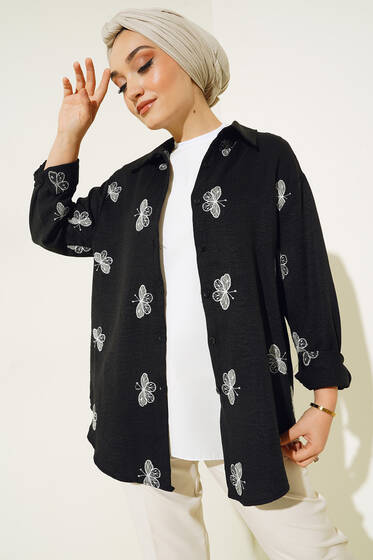Kelebek Nakışlı Gömlek Siyah - Gömlek