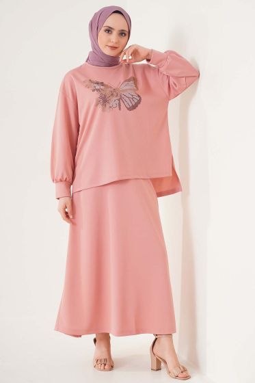 Kelebek Taş Süslemeli Gül Kurusu İkili Takım - İKİLİ TAKIM