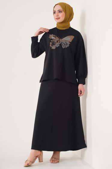 Kelebek Taş Süslemeli Siyah İkili Takım - İKİLİ TAKIM