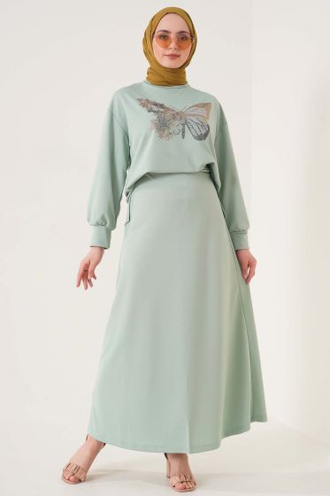 Kelebek Taş Süslemeli Su Yeşili İkili Takım - İKİLİ TAKIM