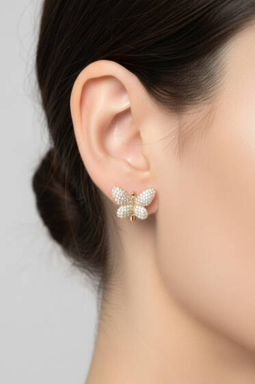 Kelebek Taşlı Küpe Gold - Küpe