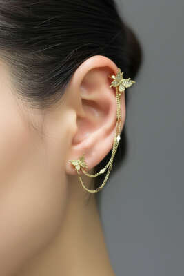 Kelebekli Birleşik Küpe Gold - KONYALI BİJUTERİ