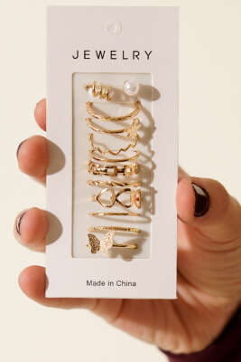 Kelebekli İncili 11'li Yüzük Seti Asorti 1 - Yüzük